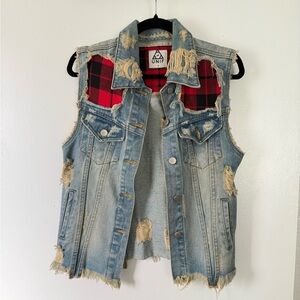 UNIF Denim Vest with Red Plaid Details